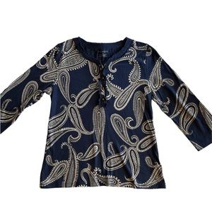 Talbots medium blue paisley cotton top with functional button ruffle neck
A
